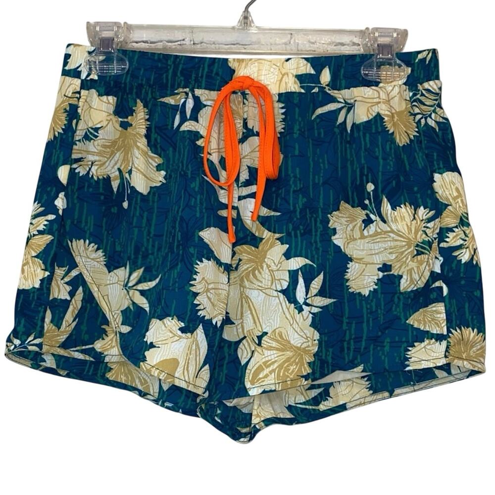 Jealous Tomato Tropical Floral Shorts Medium Teal Orange Drawstring Summer